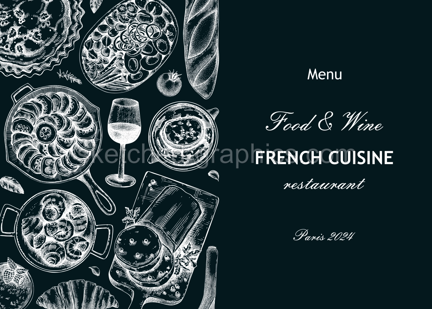 French restaurant menu design template on chalkboard. France food and wine from sketches. European food vintage background. Hand-drawn vector illustration, NOT AI generated Illustration
